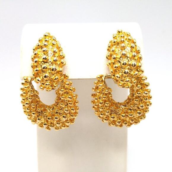 Vintage Brutalist Style Dangle Clip Earrings, Gold Tone, 1 3/4 Inches - Picture 4 of 8